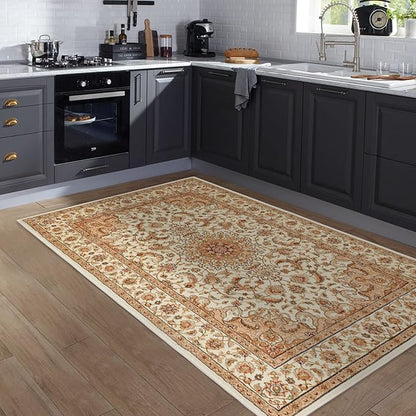 COMSLE Boho Area Rug, 3' x 5' Machine Washable Rugs for Entryway Faux Wool Large Rugs Distressed Throw Rug Non-Slip Floor Carpet for Indoor Bedroom Kitchen Living Room Cream/Beige-2
