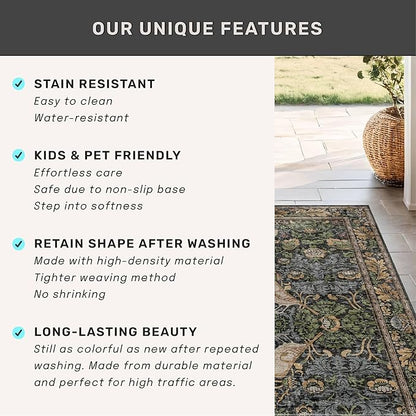 10 ft Long Vintage Runner Rugs for Hallways - 3x10 Wide Kitchen Runners, Entryway Rug, with Flowers and Leaves, Washable Non Slip Low Pile