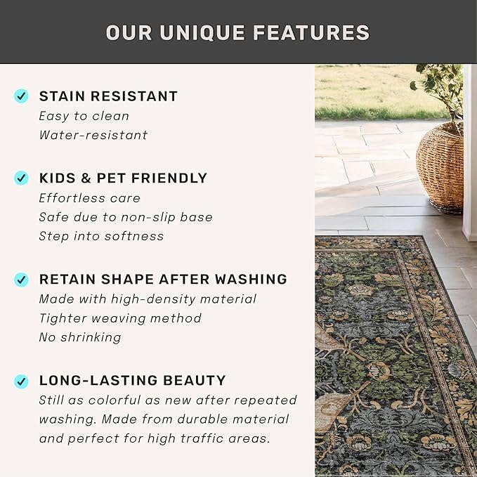 Large Entryway Rugs Indoor - 3x6 Washable Rugs for Kitchen Bedroom Beside Bed Door Mat Indoor Entrance with Moody Woodland Flowers, Non Slip Stain Resistant Low Pile