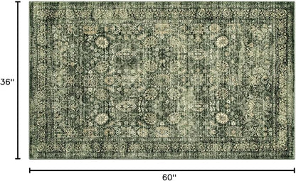 Morebes Vintage Throw Rugs, Boho 3x5 Washable Rug Non Slip,Soft Area Rug for Bedroom,Distressed Non-Shedding Floral Rug for Entryway Kitchen Foyer Bedside Playroom, Grayish Green