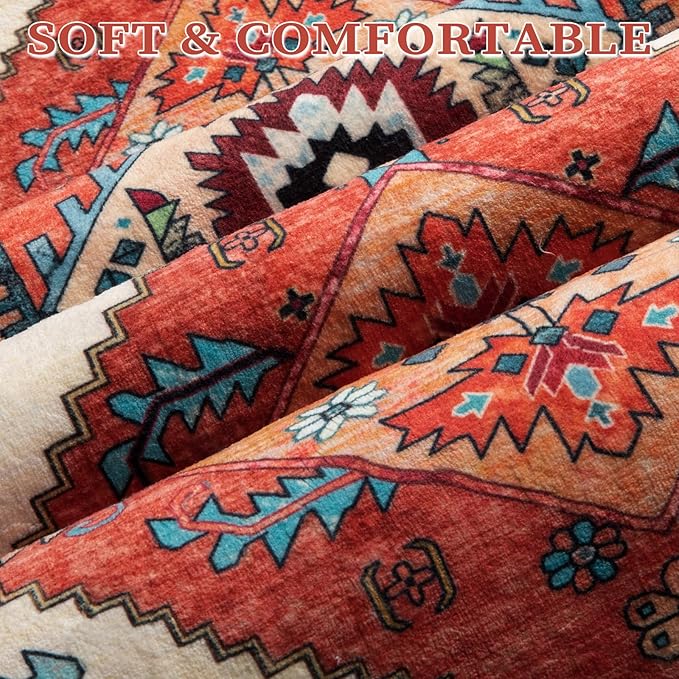 SERISSA Washable Rugs 6x9 Boho Area Rugs, Large Non-Slip Living Room Rug, Ultra Soft Vintage Oriental Tribal Farmhouse Orange Carpet for Dining Room Bedroom Dorm Office Home Decor