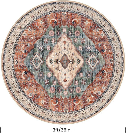 KOZYFLY Boho Round Rug 3 Ft Rugs for Entryway Washable Circle Rug Non Slip Doormat Rust/Orange/Blue Printed Faux Wool Vintage Round Entryway Rug Floor Carpet Round for Entrance, Bedroom
