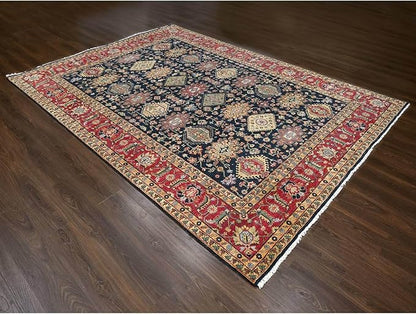 Carbon Black with Turkey Red Karjihooz Design with All Over Pattern Vegetable Dyes Pure Wool Soft Pile Hand Knotted Oriental Rug (9'x12')