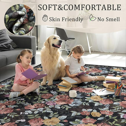 2x6 Machine Washable Runner Rug, Kitchen Hallway Area Rug Black Vintage Boho Floral Ultra Non-Slip Low Pile Soft Faux Wool Carpet, Kids and Pets Friendly for Bedroom Entryway Nursery Home Decor Rug