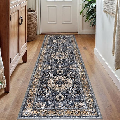 KOZYFLY Runners for Hallways 2x7 Ft Washable Kitchen Runner Rug Boho Runner Rug for Entryway Indoor Gold Navy Printed Oriental Faux Wool Floor Carpet Runner for Bedroom Kitchen Hall