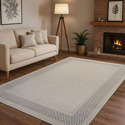 CAMILSON Easy Jute Rug 9x12, Indoor Outdoor Off-White Color Fiber Area Rugs for Living Room Patio and Dining Room Rug, Bordered Boho Woven Design, Easy-Cleaning, Washable Outside Carpet (9 x 12)