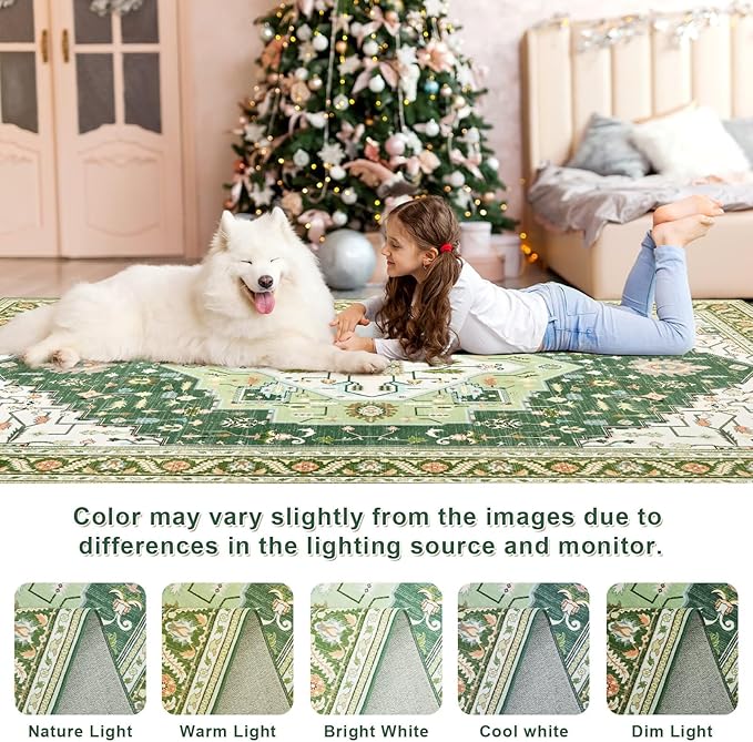 5x7 Green White Area Rug for Living Room, Machine Washable Rugs with Non-Slip Backing for Bedroom, Vintage Medallion Carpet Dining Room Office Kids Room Decor