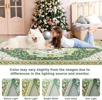 2x3 Green White Small Area Rug for Entryway, Soft Washable Rugs with Non-Slip Backing for Bedroom Kitchen, Vintage Throw Carpet Laundry Entry Front Door Decor
