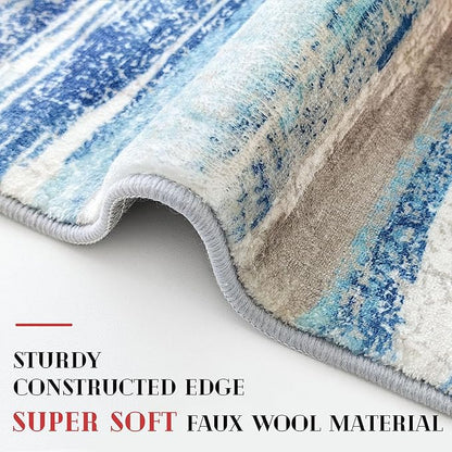 Modern Abstract Runner Rug 3x12, Blue Washable Long Kitchen Runner Non-Slip Soft Hallway Rug Runner Thin Print Faux Wool Carpet for Entryway Bedroom Laundry Room Indoor Home Decor