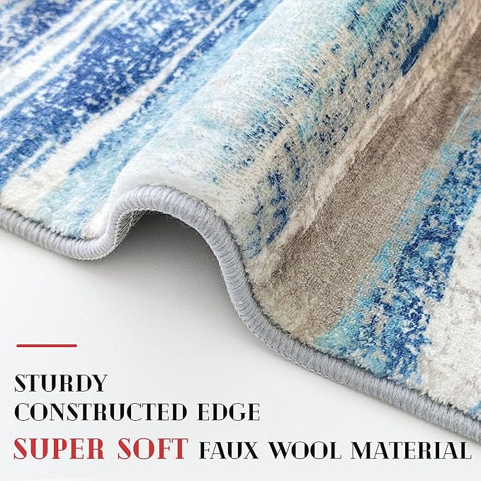 Modern Abstract Runner Rug 3x18, Blue Washable Long Kitchen Runner Non-Slip Soft Hallway Rug Runner Ultra Thin Print Faux Wool Carpet for Entryway Bedroom Laundry Room Indoor Home Decor