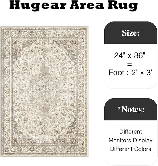 HUGEAR 2x3 Entrance Area Rug Vintage Brown Small Rug Machine Washable Door Mat Neutral Floral Low Pile Carpet Vacuumable Thin Throw Rug Entryway Kitchen Bathroom Bedroom Non Slip Lightweight