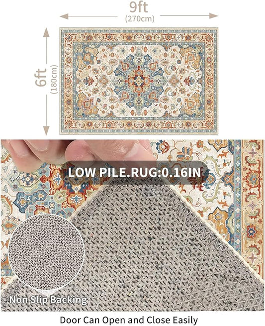 Enkor Area Soft Rugs 6x9 Washable Non Slip Boho Floor Rugs for Living Room Bedroom, Vintage Style Farmhouse Mat for Kitchen Entryway Orange & Beige