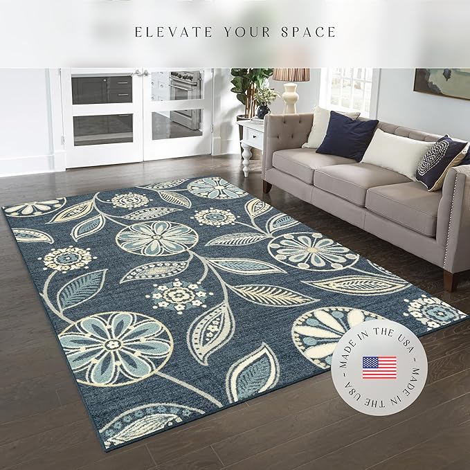 Maples Rugs Reggie Floral Area Rug - Made in USA - Low Pile, Non Slip, Pet-Friendly Mat for Living Room, Bedroom, and Office, 7' x 10', Persian Blue