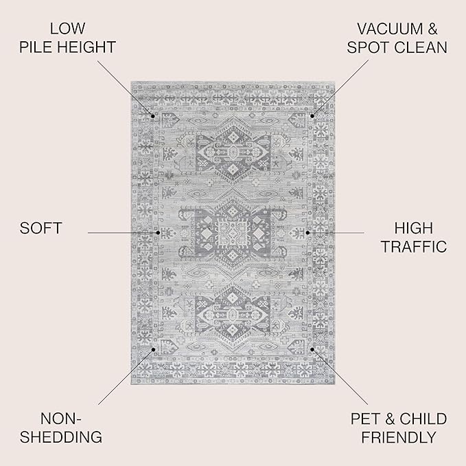JONATHAN Y Modern Vintage Medallion Light Grey Indoor Area Rug, 8x10, Country, Floral, Easy-Cleaning for Living Room, Bedroom, Kitchen, Pet Friendly, Non-Shedding (MDP108B-8)