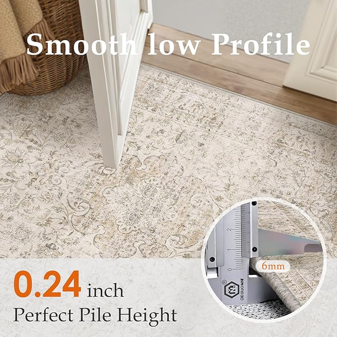 9x12 Beige Area Rug Vintage Living Room Bedroom Washable Carpet Non-Slip Soft Low Pile Distressed Indoor Large Throw Rug for Dining Room Office
