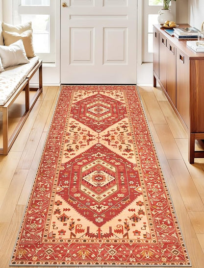 SERISSA Boho Washable Runner Rug, 2x5 Rug Runner Non-Slip Vintage Red Beige Hallway Kitchen Runner Rug Ultra Soft Print Distressed Floor Carpet Runner for Bedroom Bathroom Laundry Living Room