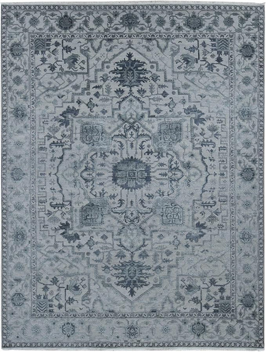 Ash Grey Design with All Over Pattern Wool and Silk Hand Knotted Oriental Rug (9'x12')