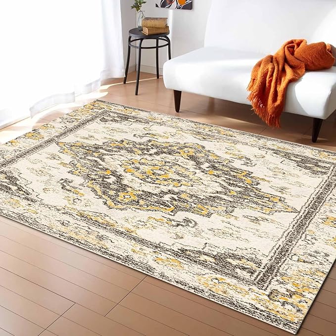 Bohemian Pattern Rectangular Area Rugs for Living Room Bedroom 2.8 x 5 ft Brown & Yellow Abstract Non-Shedding Soft Low Pile Rug Non Slip Washable Rug for Nursery Entryway Playroom