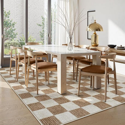 LIVEBOX Machine Washable Area Rug 6x9 Checkered, Non Slip Soft Large Bedroom Living Room Rug Farmhouse Neutral Classic Geometric Boys Rug, Indoor Carpet for Den Dorm Playroom(Brown,6'x9')