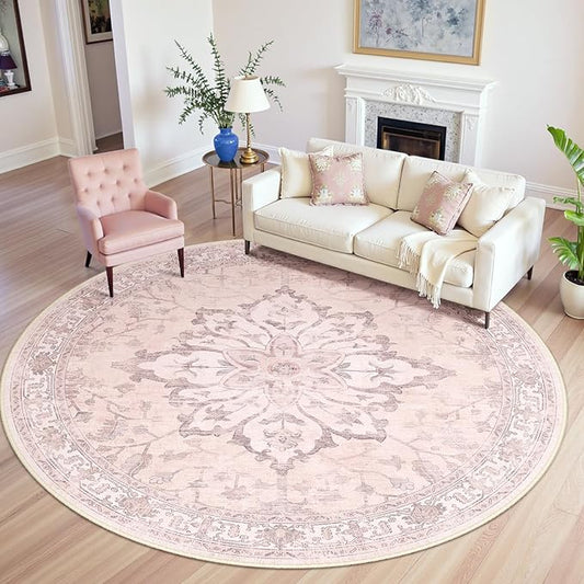 Area Rugs 8ft Washable Non-Slip, Floral Vintage Distress Print Pattern Medallion Carpet for Living Room Bedroom Dining Room, Pink Greypink Cute