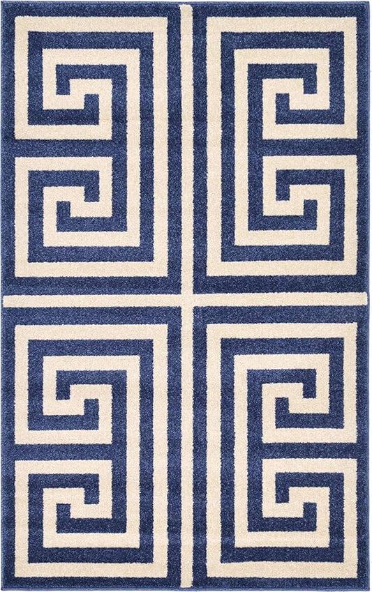 Unique Loom Athens Collection Classic Geometric Modern Border Design Area Rug (3' 3 x 5' 3 Rectangular, Navy Blue/ Beige)