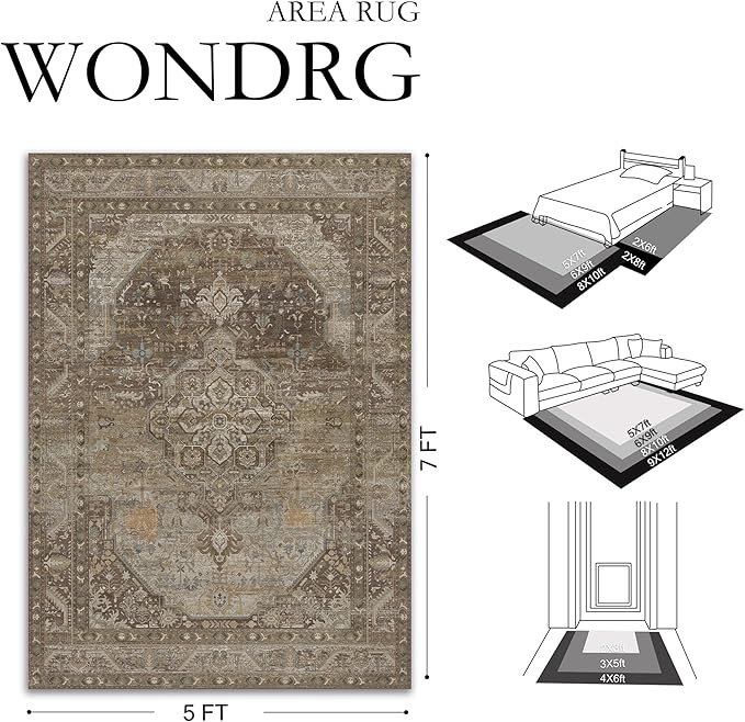 9x12 Brown Washable Vintage Area Rug for Living Room Bedroom Non Slip Distressed Traditional Soft Large Throw Rug Low Pile Lightweight Floral Carpet Classroom Office Home Decor