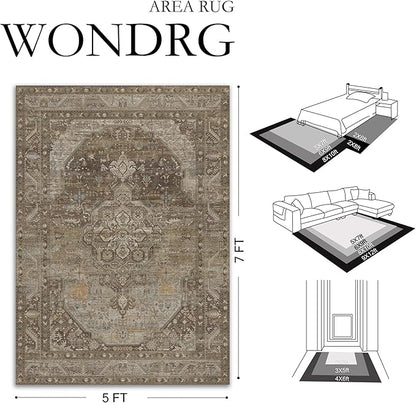 4x6 Brown Washable Vintage Area Rug for Living Room Bedroom Non Slip Distressed Traditional Soft Throw Rug Low Pile Lightweight Floral Carpet Laundry Dining Room Kitchen Office Kitchen