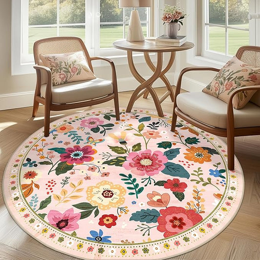 Floral 6ft Area Rug Machine Washable Soft Print Boho Carpet Non Slip Doormat Low Pile Flower Area Rugs for Living Room Bedroom Nursery Kitchen Dining Room Indoor-Pink