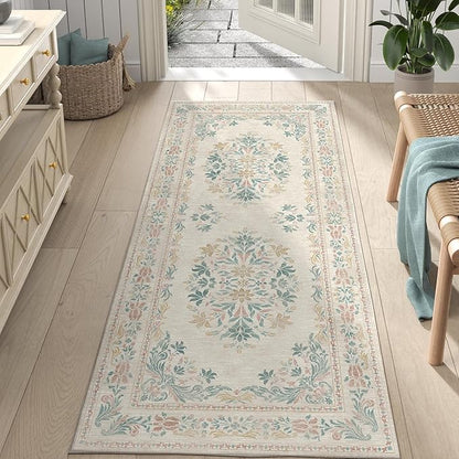jinchan Vintage Floral Runner Rug 2x6 - Machine Washable Distressed Design Non-Slip Low-Pile Soft Thin Carpet for Hallway Kitchen Farmhouse Bedroom Entryway Laundry Room (2x6ft, Apricot Multi)