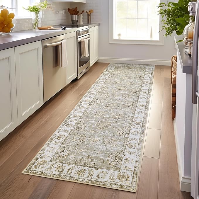 jinchan Fiora Hallway Runner Rug 3x10 Washable Runner - Vintage Floral Non Slip Low-Pile Soft Thin Faux Wool Kitchen Rug Distressed Carpet for Farmhouse Bedroom Laundry Room(3x10ft, Taupe)