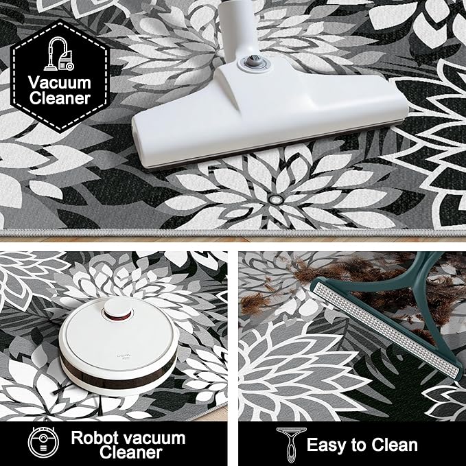 2x3 Washable Small Rug Tropical Botanical Modern Floral Indoor Chenille Door Mat Carpet Non Slip for Patio, Entry Way, Entrance, Porch, Black