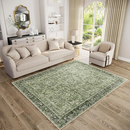 Washable Area Rugs 5'x7' Non-Slip Vintage Boho Distressed Fade Resistant Low Pile Carpet for High-Traffic Living Room, Bedroom & Dining Room