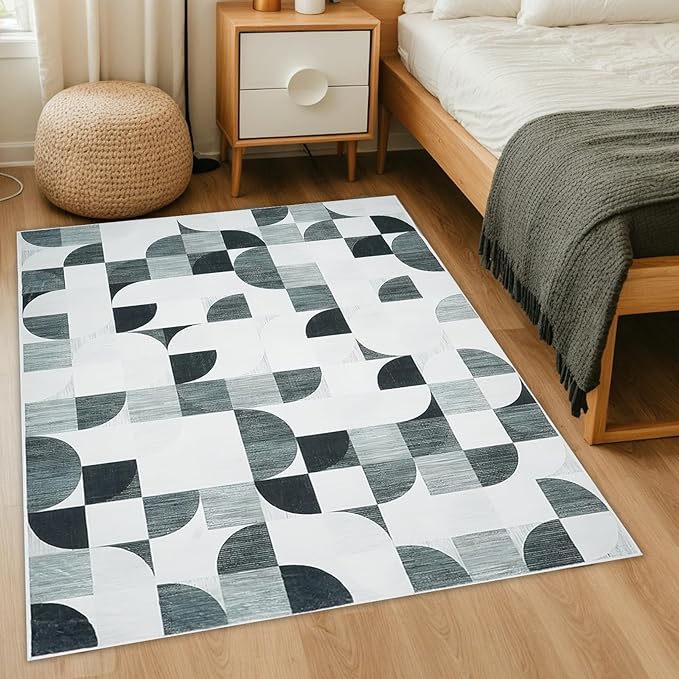 4X6 Rug Boho Washable, Modern Abstract Area Rugs for Bedroom Entryway Living Room Bedside Low-Pile, Small Throw Floor Carpet Non Slip Ultra-Thin Soft Indoor Gray