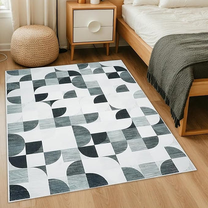 4X6 Rug Boho Washable, Modern Abstract Area Rugs for Bedroom Entryway Living Room Bedside Low-Pile, Small Throw Floor Carpet Non Slip Ultra-Thin Soft Indoor Gray