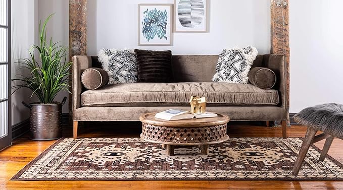Unique Loom Taftan Collection Border Geometric Tribal Inspired Design Area Rug (9' 0 x 12' 0 Rectangular, Brown/ Tan)