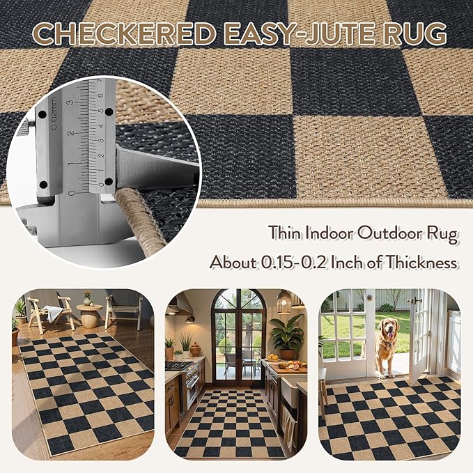 Lahome Checkered Easy Jute Carpet, 3x5 Outdoor Patio Rug Washable Rugs for Entryway Checkerboard Indoor Outdoor Living Room Classroom Carpet, Farmhouse Neutral Non Slip Black Door Mat for Bedroom