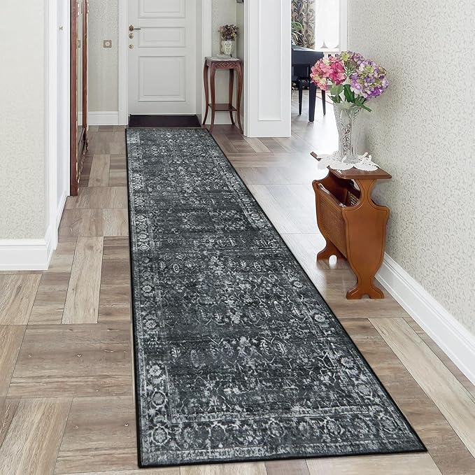 Morebes Black Vintage Runners for Hallways 10 Foot Non Slip, Washable Distressed Non Skid Kitchen Runner Rug Indoor Long Carpet for Hall Foyer Entryway Bathroom Entrance Playroom
