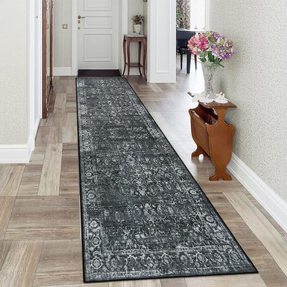 Morebes Black Vintage Runners for Hallways 10 Foot Non Slip, Washable Distressed Non Skid Kitchen Runner Rug Indoor Long Carpet for Hall Foyer Entryway Bathroom Entrance Playroom