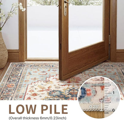 GENIMO 2X10 Runner Rugs for Entryway,Machine Washable Vintage Floor Cover Foldable Modern Non Slip Rug, Low Pile Soft Carpet Floral Print Mat for Indoor Entryway/Bathroom/Kitchen/Carpet,Sky Blue