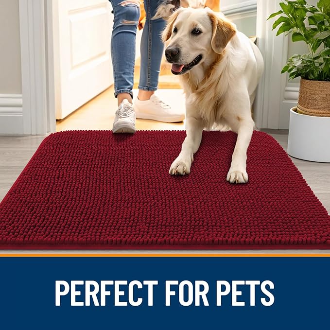 OLANLY Dog Door Mat for Muddy Paws 54x32, Absorbs Moisture and Dirt, Absorbent Non-Slip Washable Doormat, Quick Dry Chenille Mud Mat for Dogs, Entry Indoor Entryway Carpet for Inside Floor, Red