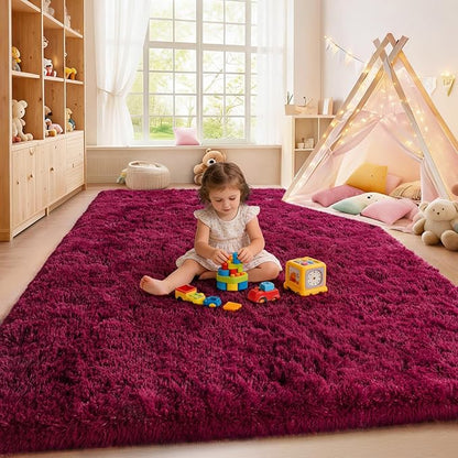 Burgundy Plush Rug for Living Room Fuzzy Carpet for Bedroom Dorm, Non-Slip High Pile Rug, Shag Rug for Playroom Nursery Home Office Decor 8X10 Ft