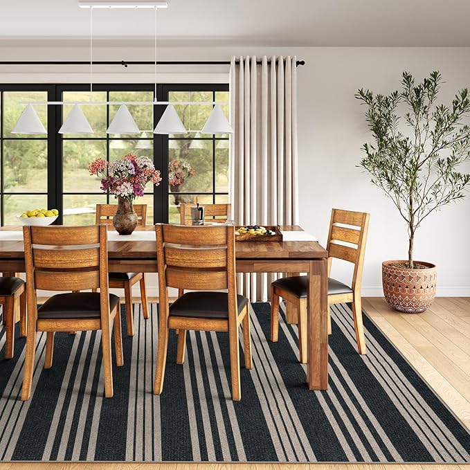 Lahome Striped 8x10 Easy Jute Rug, Washable Rugs for Living Room Dining Room Farmhouse Indoor Outdoor Carpet, Neutral Non Slip Non Shedding Black Carpet for Office Backyard Patio