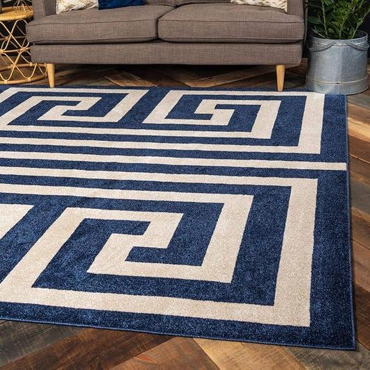 Unique Loom Athens Collection Classic Geometric Modern Border Design Area Rug (8' 0 x 8' 0 Square, Navy Blue/ Beige)