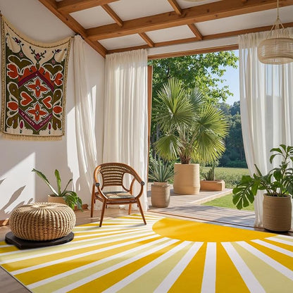 Lahome Yellow Rainbow Sun Area Rug: 9'x12' Ultra-Thin Machine Washable & Non-Slip with Cute Boho Print for Nursery, Bedroom, Living Room, Classroom & Dorm