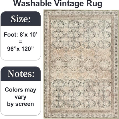 Large 8x10 Washable Area Rug for Living Room, No Shedding Vintage Floral Print Rugs Non Slip, Indoor Foldable Thin Retro Accent Carpet for Bedroom Farmhouse Dining Room Beige/Pink/Orange