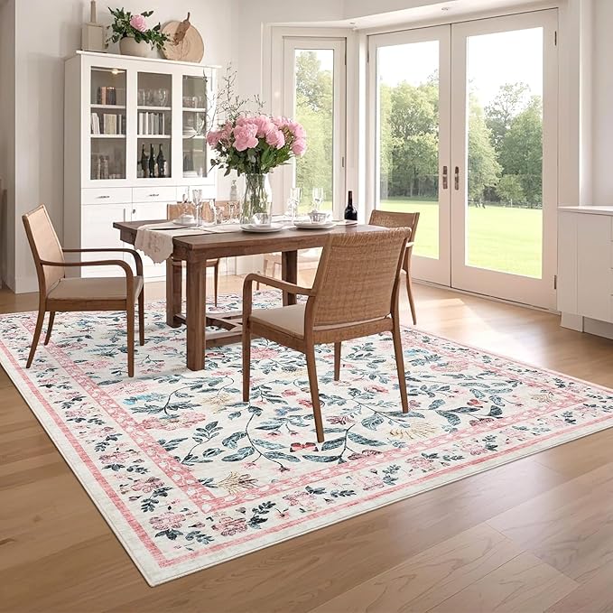 8x10 Washable Floral Distressed Rug, Vintage Farmhouse Area Rug for Living Room, Non-Slip Low Pile Soft Carpet for Nursery Bedroom Dining Room Home Office, Pink