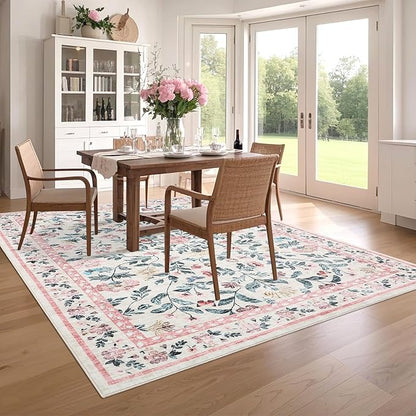 5x7 Washable Non-Slip Rug, Vintage Floral Area Rug for Living Room, Low Pile Farmhouse Distressed Carpet for Nursery Playroom Dorm Teens Office, Pink