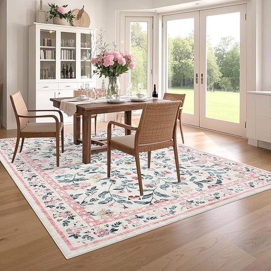 Floral Washable Rug 4x6, Non-Slip Low Pile Botanical Carpet, Vintage Farmhouse Area Rug for Bedroom Nursery Kids Room Home Decor, Pink