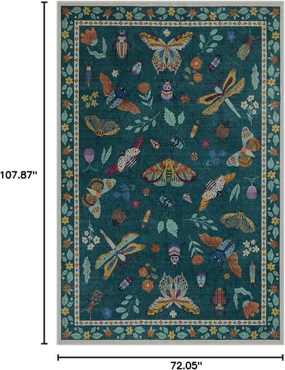 Lahome Insect Print Washable Rugs for Living Room, Soft Area Rug 6x9 Rug for Bedroom Ultra-Thin Non Slip Dining Room Rug, Stain Resistant Modern Rug Large Carpet for Office Nursery(6'x9',Dark Green)