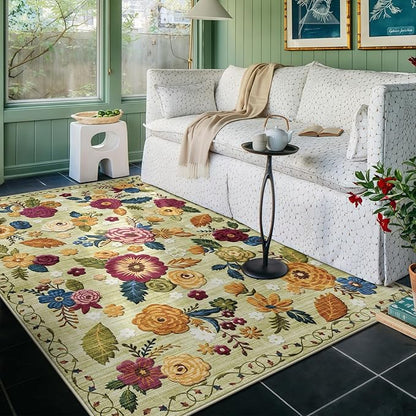 4x6 Machine Washable Area Rug for Living Room, Green Vintage Boho Floral Rug Large Non-Slip Low Pile Soft Faux Wool Carpet, Kids and Pets Friendly for Bedroom Dining Room Farmhouse Home Decor Rug